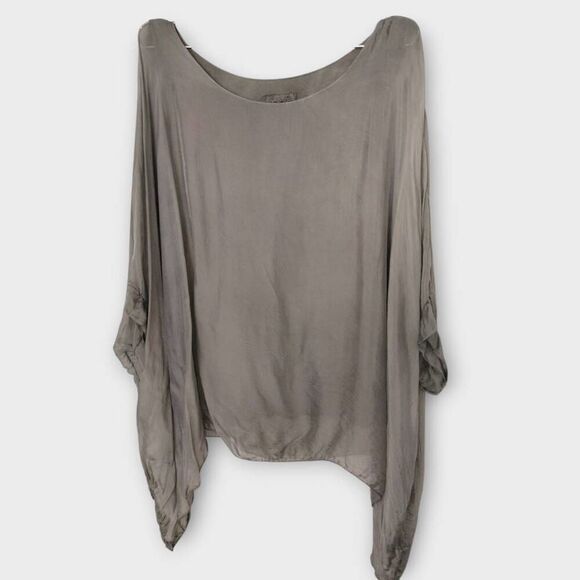 Womens Silk Top One Size Flowing‎ Relaxed Slouchy Olive Light Lagenlook Bohemian - Picture 1 of 10